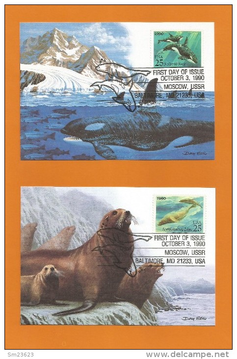 USA  Baltimore MD Moscow USSR  1990 , Whale Sea Otter - Set Of 4 Maximum Cards - October 3-1990 - 4 Scan - - Cartes-Maximum (CM)