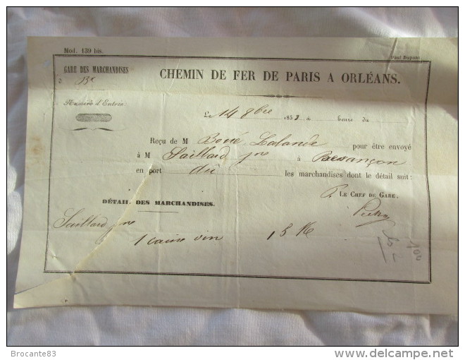 CHEMIN DE FER DE PARIS A ORLEANS BORDEREAU D ENVOI DE MARCHANDISE DE 1853 - Chemin De Fer