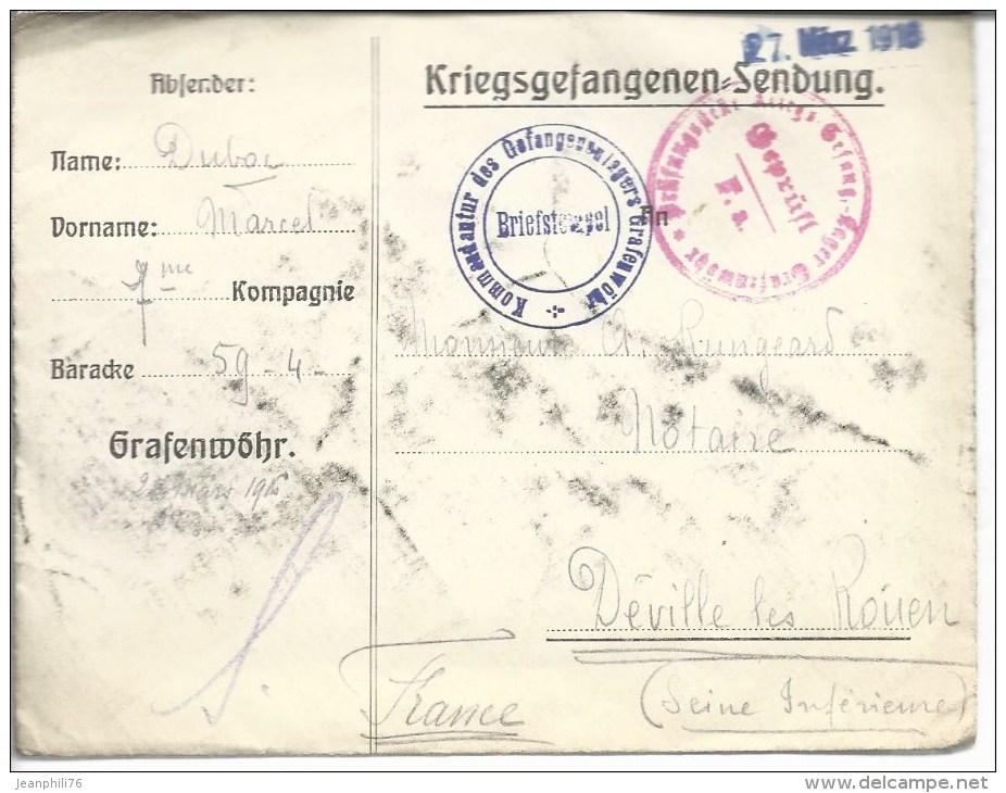 Kriegsgefangenensendung Enveloppe Dédiée Du Camp De Grafenwöhr Pour Deville-les-Rouen - Guerre De 1914-18