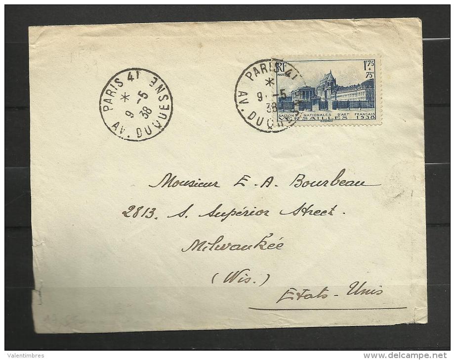 France Timbre Seul Sur Lettre N° 379  Paris 9.5.38 Vers Milwankee Etats Unis - 1921-1960: Modern Period