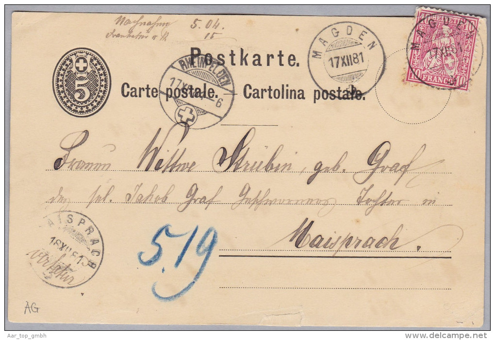 Heimat AG MAGDEN 1881-12-12 Auf Ganzsache Nach Maisprach - Storia Postale