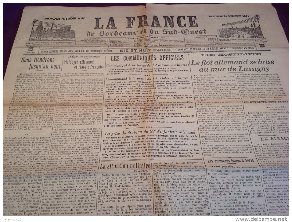 WW1 Le 14 Octobre 1914 - LASSIGNY - LENS - ARRAS - REIMS - INDUSTRIE CHIMIQUE - LA FRANCE DE BORDEAUX ET DU SUD OUEST - Français