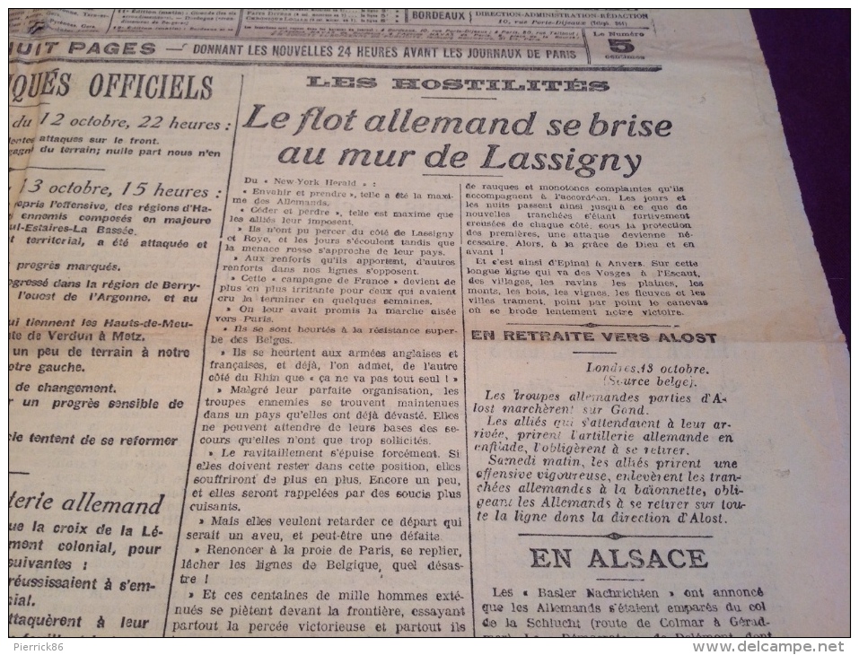 WW1 Le 14 Octobre 1914 - LASSIGNY - LENS - ARRAS - REIMS - INDUSTRIE CHIMIQUE - LA FRANCE DE BORDEAUX ET DU SUD OUEST - Français