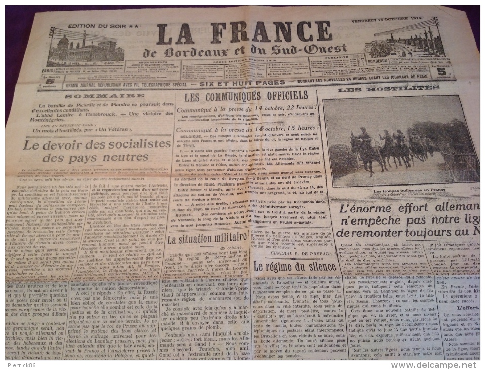 WW1 Le 16 Octobre 1914 - A VOIR - HAZEBROUCK - TROUPES INDIENNES - LA FRANCE DE BORDEAUX ET DU SUD OUEST - Français