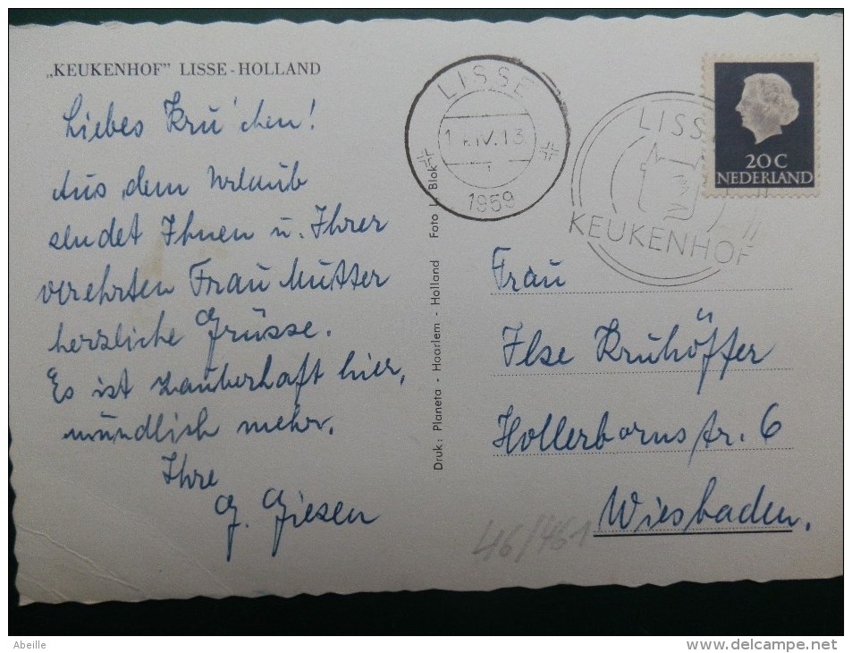 46/460     CP AFST. KEUKENHOF+  LISSE  1959 - Lettres & Documents