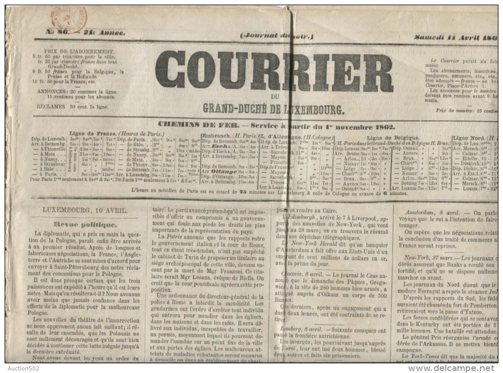 Journal Gd Duché De Luxembourg Du 11/4/1862 C. Rouge Luxembourg AMB Forbach (VDL 1946 Rare PR1374 - Autres & Non Classés