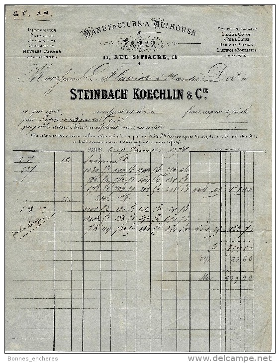 RARE FACTURE STEINBACH KOECHLIN ET CIE PARIS MANUFACTURE INDIENNES MULHOUSE 1874 B.E.+ V.SCANS+ HISTORIQUE - 1800 – 1899