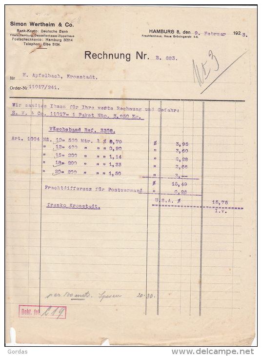 Germany - Hamburg - Simon Wertheim &amp; Co. - Werbung - Advertise - Rechnung 1923 - 1900 – 1949