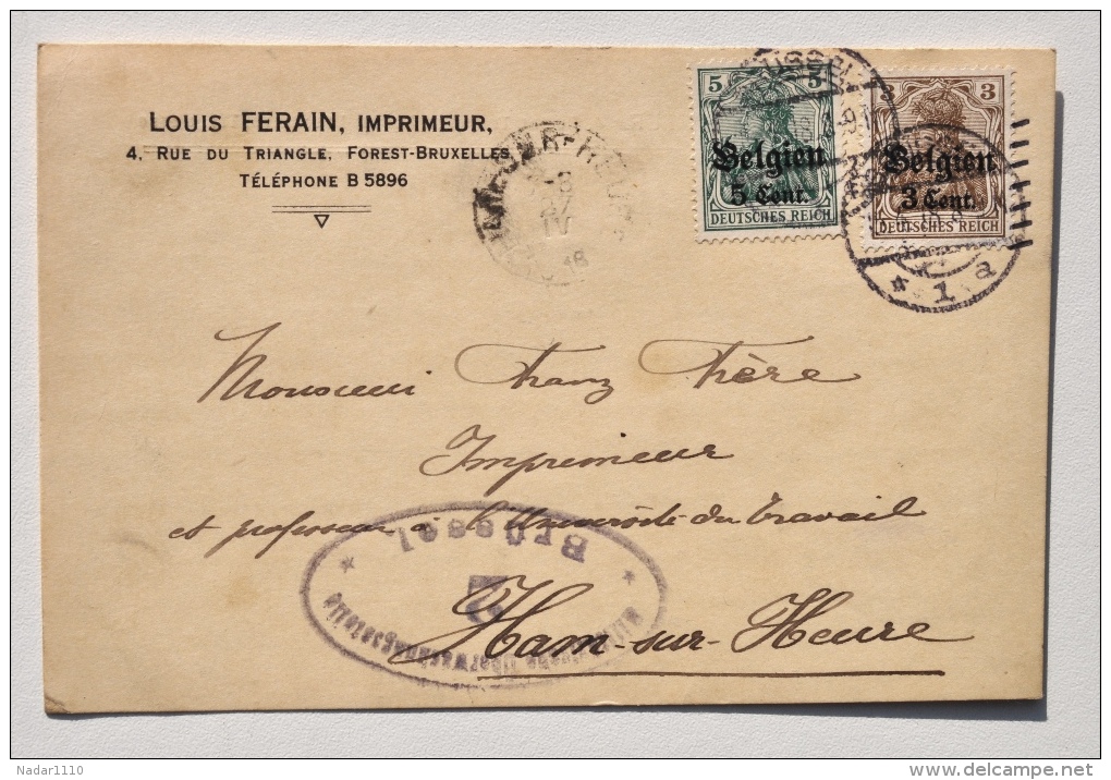 Carte Postale Année 1918 De L'imprimeur LOUIS FERAIN à FOREST Vers FRANZ FRERE, Imprimeur à HAM-SUR-HEURE - Imprenta & Papelería