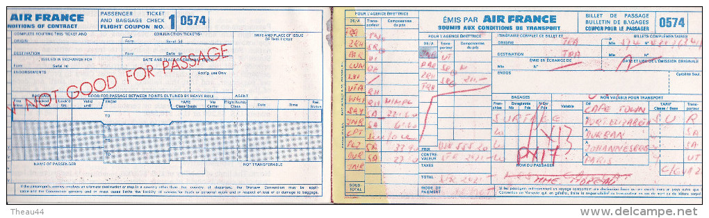 Billet D´Avion - AIR FRANCE - Paris , Zurich, Franfort, Cape Town, Port-Elisabeth, Durban, Johannesboug En 1968 - Wereld