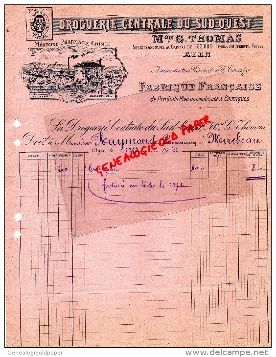 47 - AGEN - BELLE FACTURE DROGUERIE CENTRALE DU SUD OUEST- G. THOMAS- FABRIQUE PRODUITS PHARMACIE CHIMIE MEDECINE-1923 - Droguerie & Parfumerie