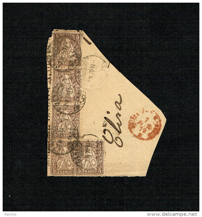 SUR FRAGMENT 5xTimbres . N30 Zumstein. 4 Se Tenant  .Oblitérés Du 7.FEVRIER.1879. - Storia Postale