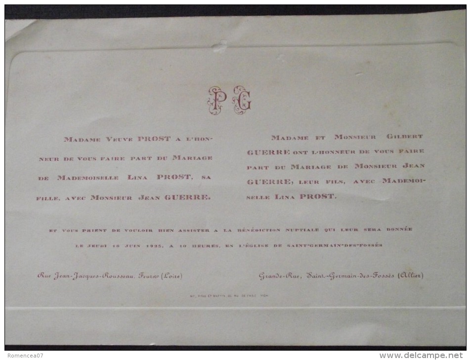 42 FEURS  Et  03 St-GERMAIN-des-FOSSES - Faire-Part De Mariage Entre Jean GUERRE Et Lina PROST - 18 Juin 1925 - Mariage