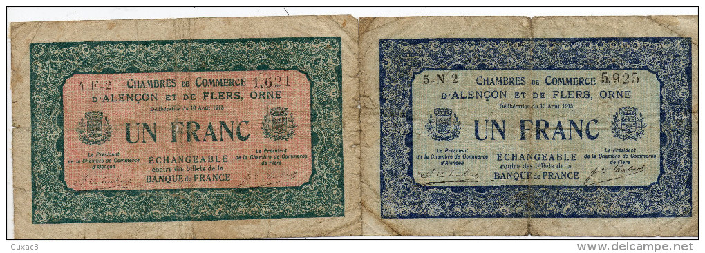 61 - D' Alençon Et De Flers ,orne- Deux Billets D' Un Franc 1923 - Camera Di Commercio