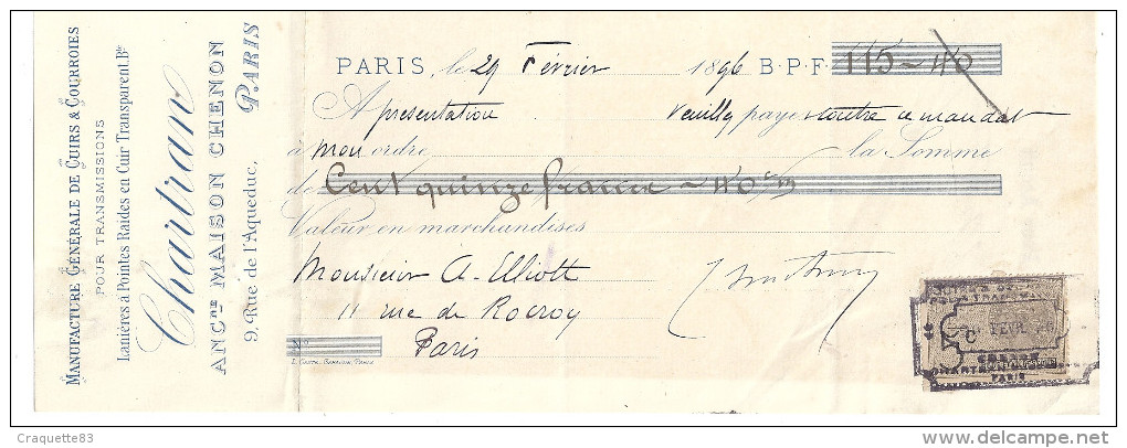 TRAITE-  MANUFACTURE  GENERALE DE CUIRS & COURONNES POUR TRANSMISSIONS-CHARTRAN  PARIS  1896 - 1800 – 1899