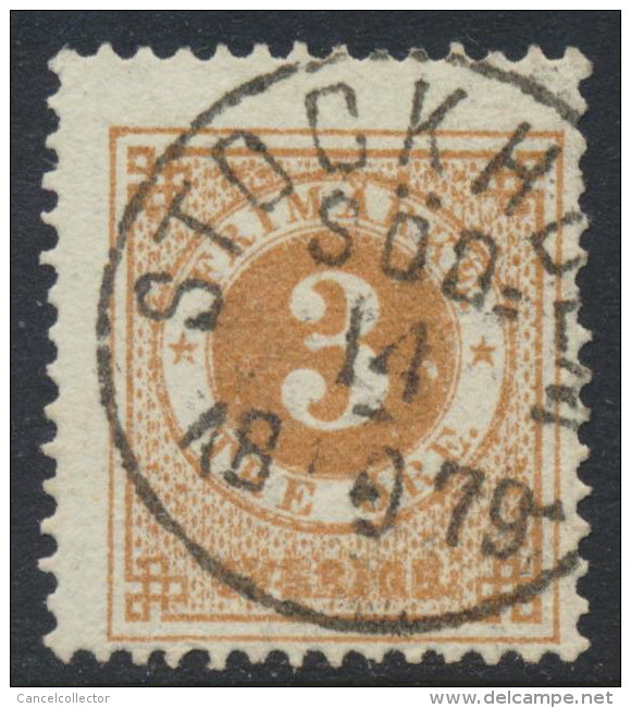 Sweden Suède Sverige: Facit 28b, 3ö Brown Ringtyp P.13, STOCKHOLM SÖD Cancel (DCSV00185) - 1872-1891 Ringtyp