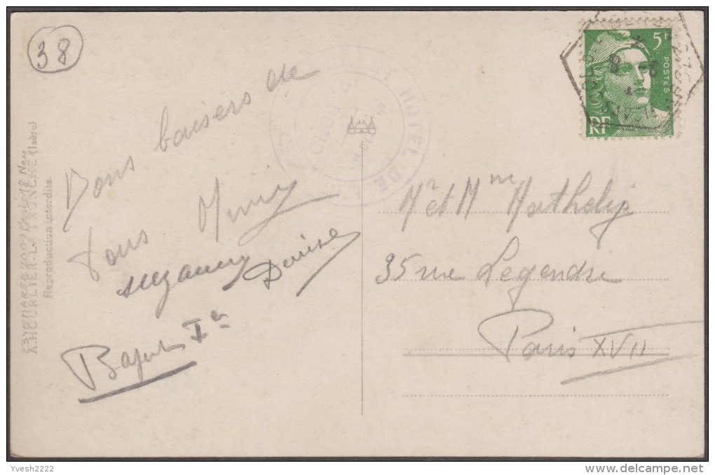 France 1949. Gandon 5 F Vert Sur Carte Postale. Oblitération Col De L'Iseran, Isère - Berge