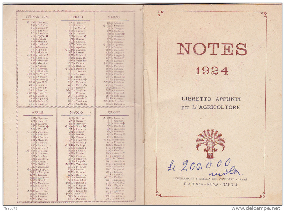 CALENDARIO 1924 /  " LIBRETTO APPUNTI PER L'AGRICOLTORE " _ ILLUSTRATORE - Kleinformat : 1921-40
