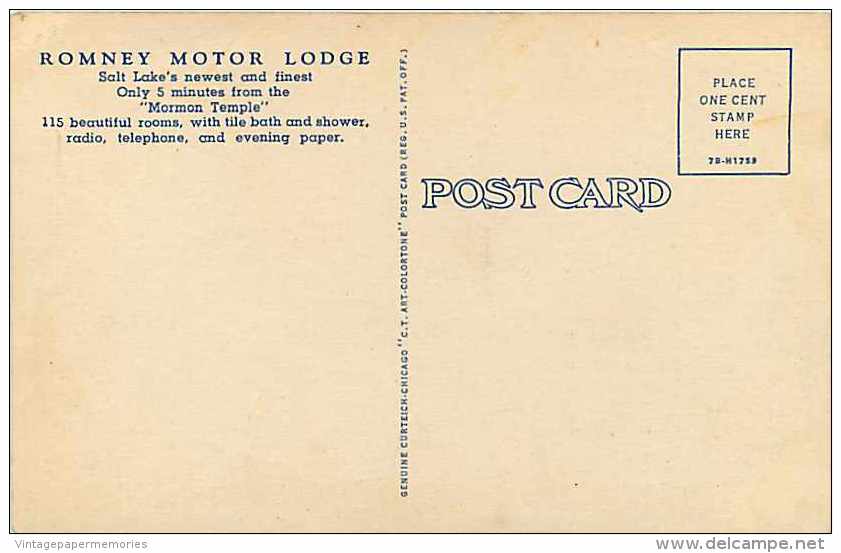 228207-Utah, Salt Lake City, Romney Motor Lodge, Linen Postcard, Curteich No 7B-H1759 - Salt Lake City