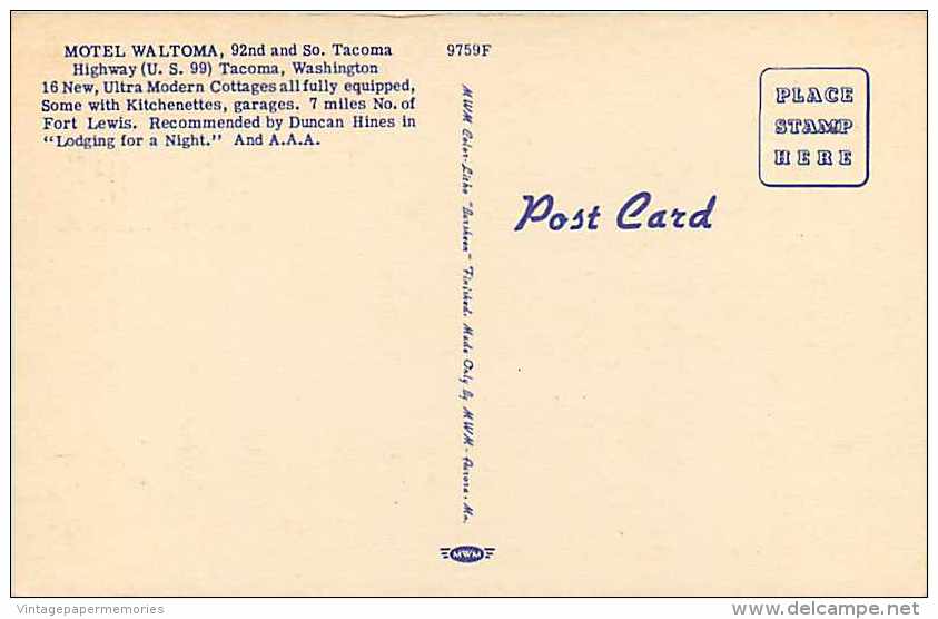 228229-Washington, Tacoma, Motel Waltoma, US Highway 99, Linen Postcard, MWM No 9759F - Tacoma