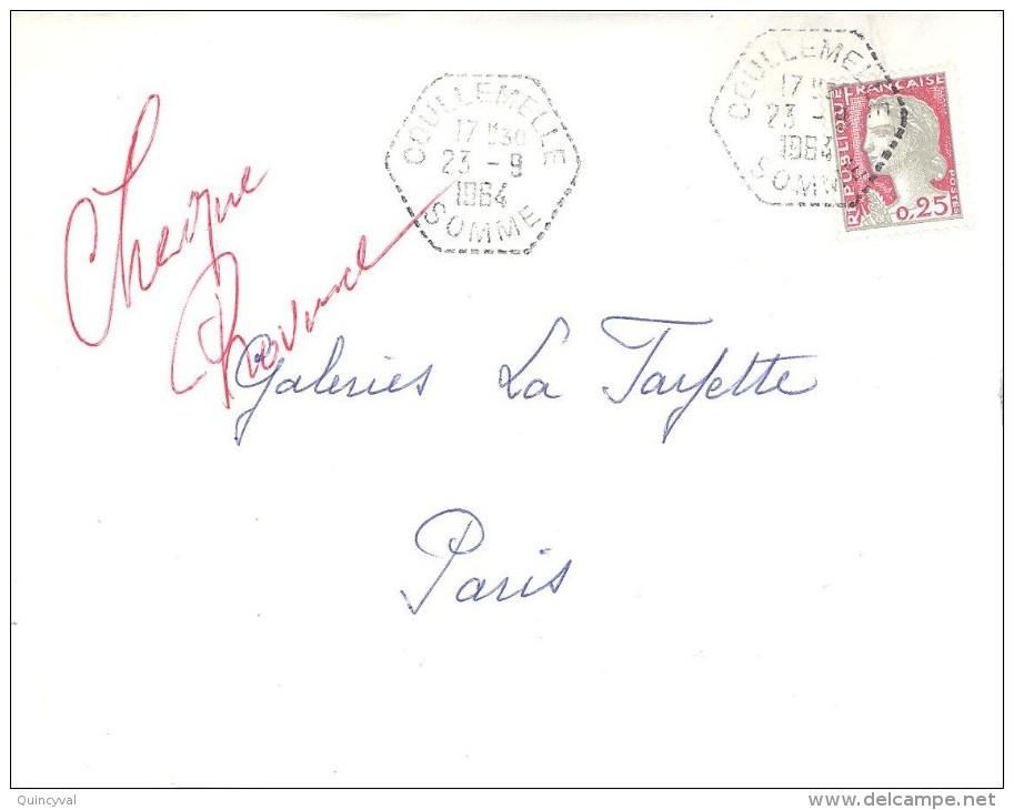 2011 COULLEMELLE Somme Lettre Entière Yv 1263 Marianne 0,25 F Decaris Ob Hexagone Pointillé Agence Postale Lautier F7 - Cartas & Documentos