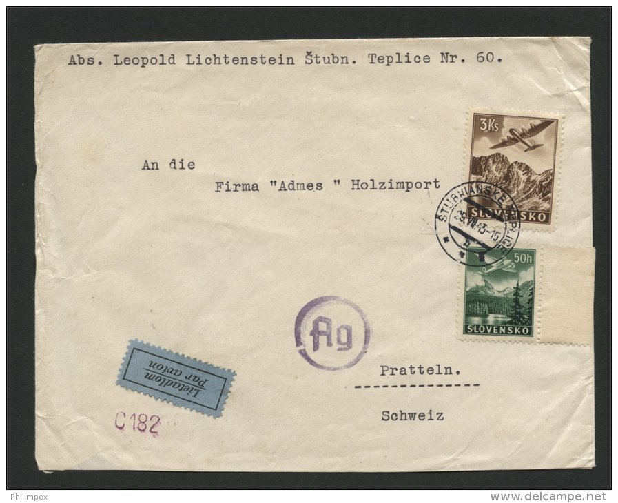 SLOVAKIA, AIRPOST COVER 1943 FROM Stubnanskie Teplice TO PRATTELN SWITZERLAND - Cartas & Documentos