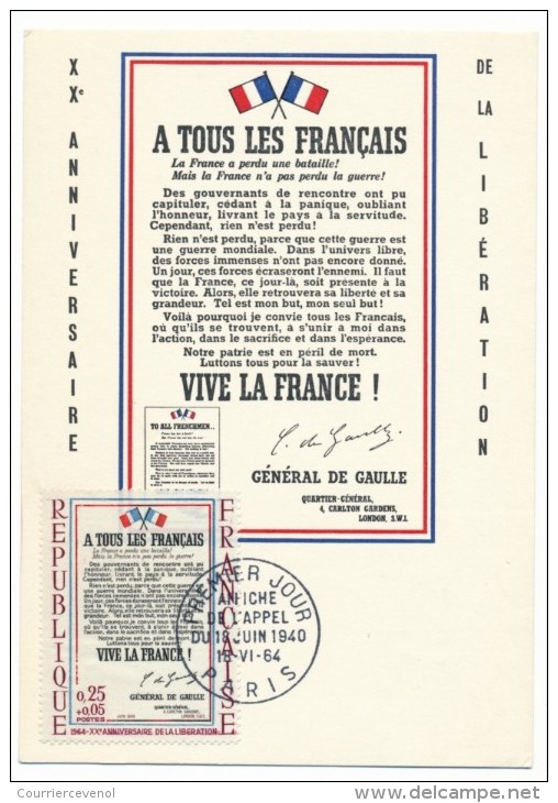 FRANCE - Carte Maximum - Affiche De L'Appel Du 18 Juin 1940 - Paris 1964 - 1960-1969