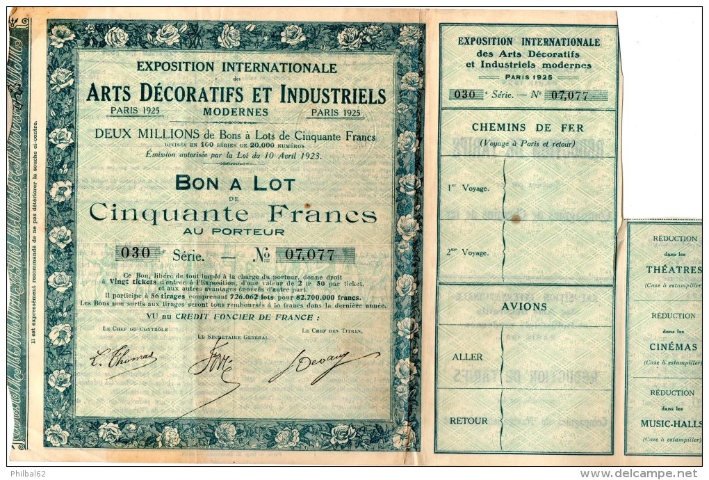 Arts Décoratifs Et Industriels 1925, Bon à Lot De Cinquante Francs Au Porteur. - Autres & Non Classés