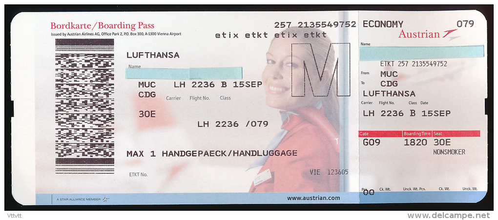 Titre De Transports, Boarding Pass : MUNICH - PARIS CHARLES DE GAULLE, Lufthansa, By Austrian Airlines, Classe Economy - Europe