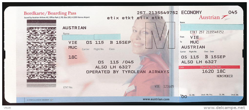 Titre De Transports, Boarding Pass : VIENNE-MUNICH, Austrian Airlines, Opérated By Tyrolean Airways, Classe Economy - Europa