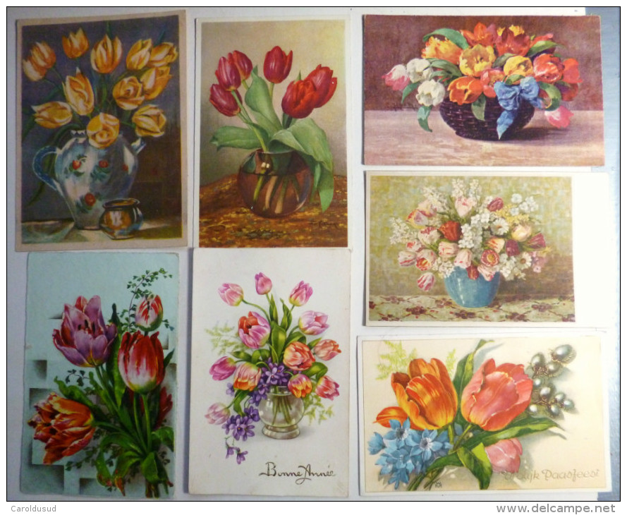 Cpa Lot 7x Litho Illustrateur Begro Etc Theme Fleur Tulipe Tulipes Pot Vase Bouquet Corbeille Voir Photos - Colecciones Y Lotes