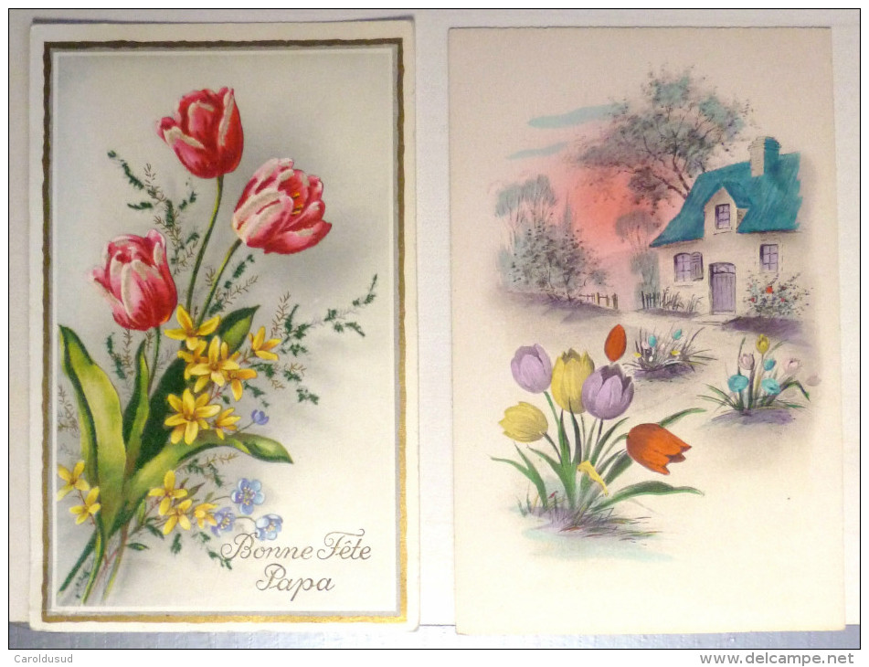 Cpa Lot 2x Litho 1x M.G.A. Illustrateur Theme Tulipe Aquarelle Maison Ajoutis Fantaisie Petale Feuilles Velour - Collections & Lots
