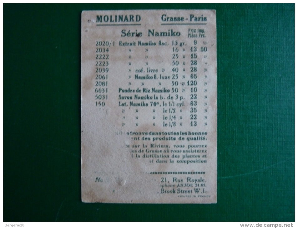 CARTE PARFUMÉE - MOLINARD JEUNE - NAMIKO - TARIFS AU DOS - - Anciennes (jusque 1960)