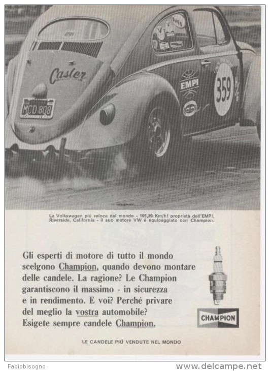 1967 - Candele CHAMPION ( Maggiolino Volkswagen ) - 1 Pag. Pubblicità Cm.13 X18 - Autres & Non Classés