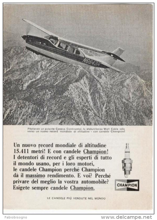 1967 - Candele CHAMPION ( Cessna Continental / Walt Cable / Record Mondiale Altitudine) - 1 P. Pubblicità Cm.13 X1 8 - Pubblicitari