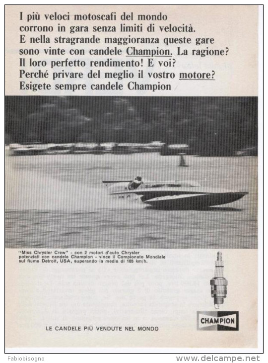 1967 - Candele CHAMPION ( Miss Chrysler Crew / Campionato Mondiale Detroit) - 1 P. Pubblicità Cm.13 X 18 - Remo