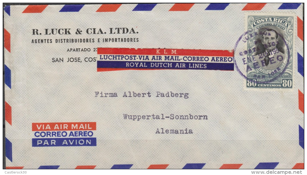 O) 1952 COSTA RICA, CARLOS LUIS VALVERDE, GENERAL, WAR OF NATIONAL LIBERATION-80 CENTIMOS, COVER TO GERMANY, XF - Costa Rica