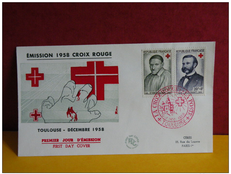 FDC - Croix Rouge 1958, St Vincent De St Paul/ J.H. Dunant, Toulouse 6 & 7.12.1958 - 1er Jour, - 1950-1959