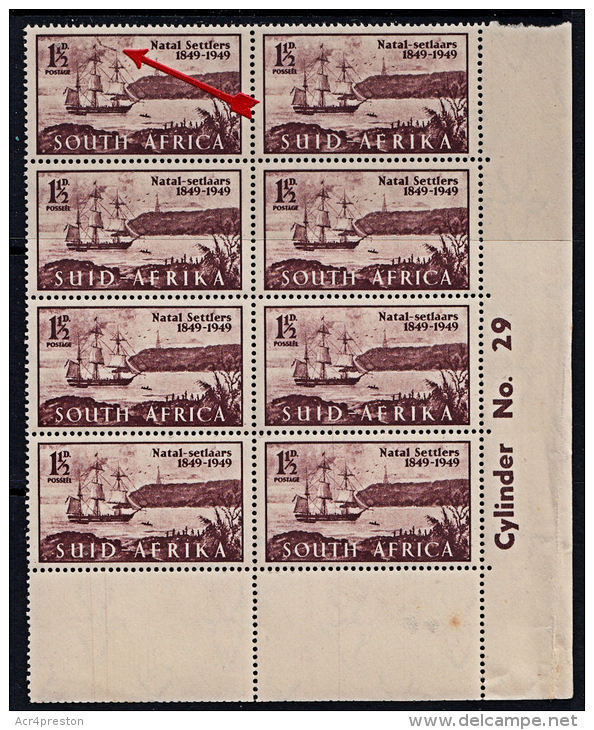 H0001 SOUTH AFRICA 1949, SG 127b ERROR Centenary Of Settlers  'PENNANT FLAW', MNH Block Of 8 - Unused Stamps
