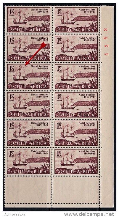 J0024 SOUTH AFRICA 1949, SG 127b ERROR Centenary Of Settlers, 'PENNANT FLAW', MNH Block Of12 - Ungebraucht