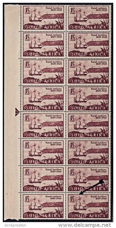 K0007 SOUTH AFRICA 1949, SG 127a ERROR Centenary Of Settlers, 'EXTENDED RIGGING FLAW', MNH Block Of 16 - Nuovi