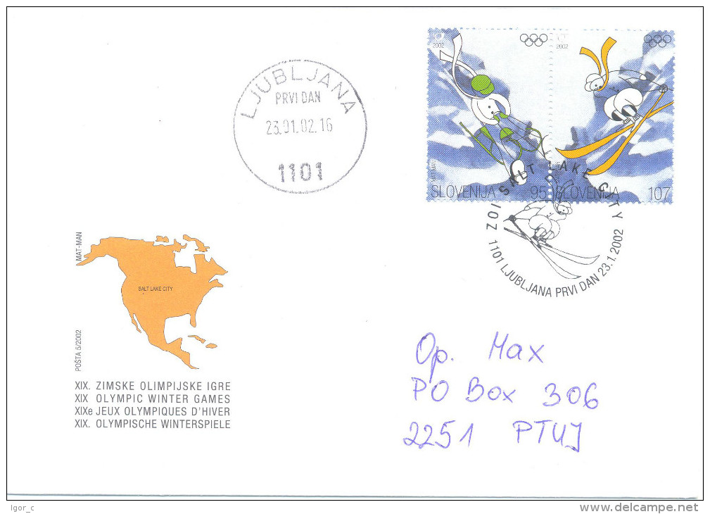 Slovenia Winter Olympic Games 2002 Salt Lake City; Acrobat Skiing; Sledge; FDC - Used First Day; Special Cancellation - Winter 2002: Salt Lake City - Paralympics