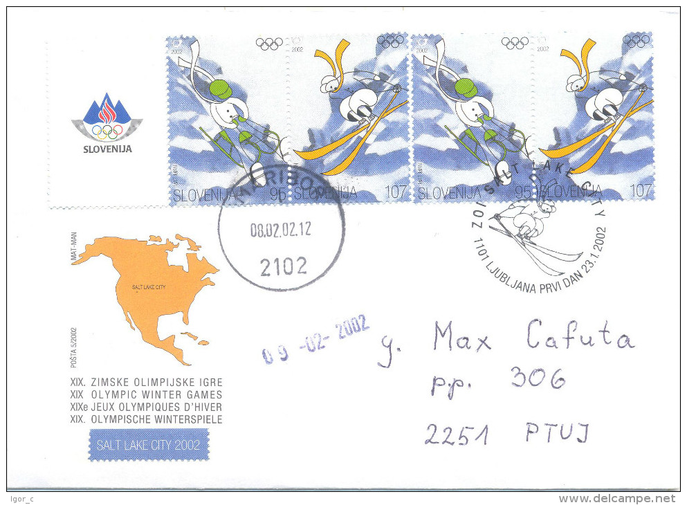 Slovenia Winter Olympic Games 2002 Salt Lake City; Acrobat Skiing; Sledge; FDC Used On Opening Day; Special Cancellation - Hiver 2002: Salt Lake City - Paralympic