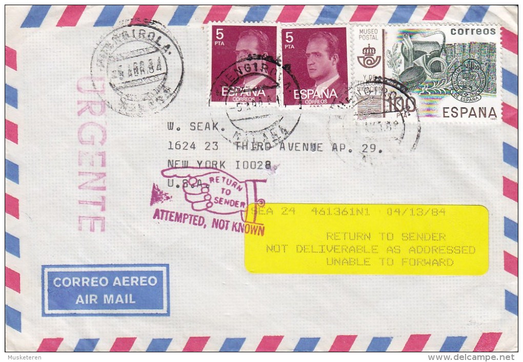 Spain Airmail Aereo URGENTE Line Cds. FUENGIROLA 1984 Cover Letra To NEW YORK USA Returned To Sender Cds. & Yellow Label - Briefe U. Dokumente