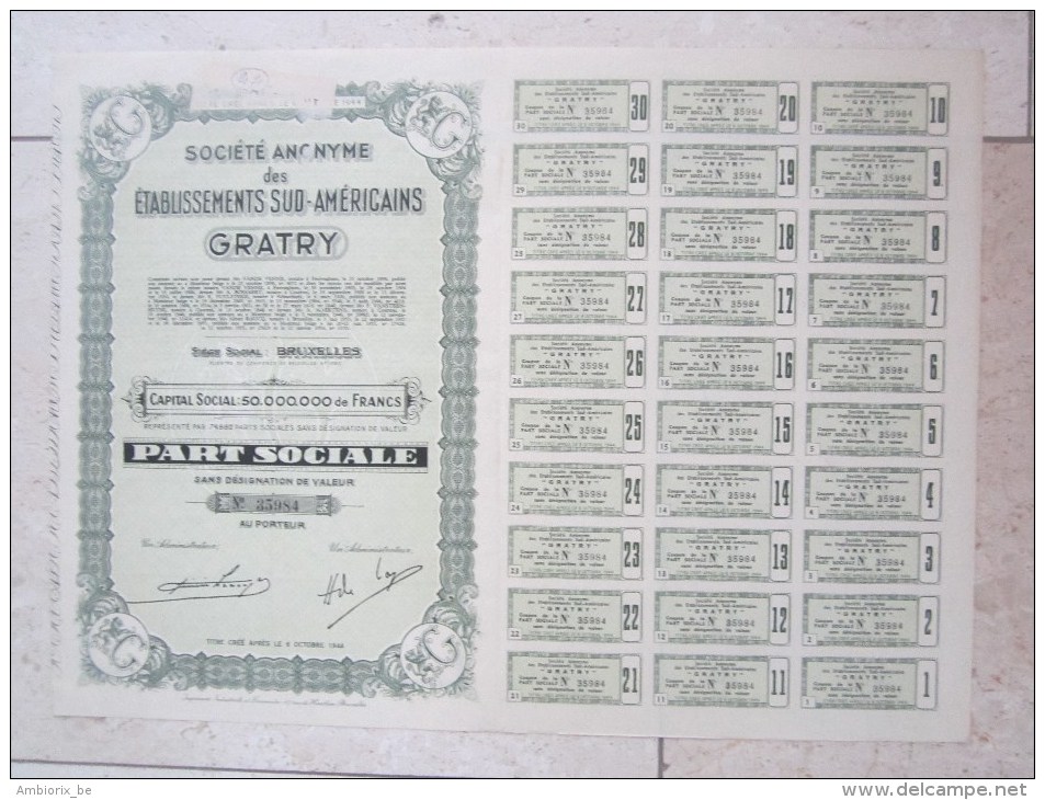 Etablissements Sud-américains GRATRY - Part Sociale - Capital 50 000 000 - Textile