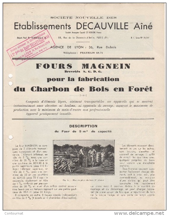 69 LYON PARIS DOCUMENT Ets DECAUVILLE Ainé FOURS MAGNEIN Pour Fabrication Du Charbon De Bois En Forêt  - B46 - Petits Métiers