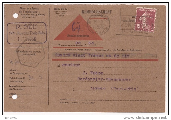 R563 - Pré Imprimé Contre Remboursement MULHOUSE - 1935 - Haut Rhin - Nachname - Semeuse - - 1921-1960: Période Moderne