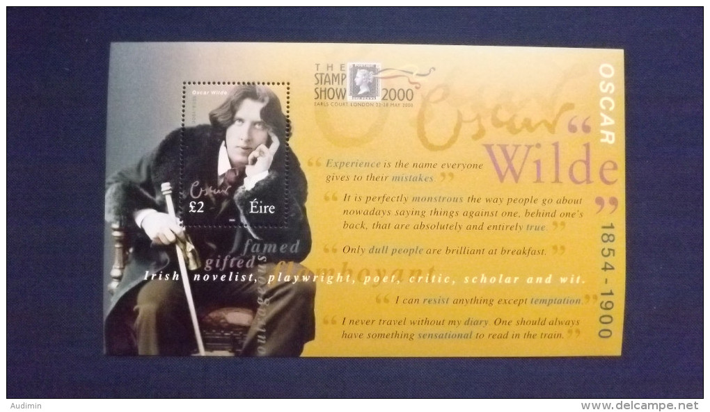 Irland 1229 Block 35 I **/mnh, 100 Todestag Oscar Wilde (1854-1900), Schriftsteller, THE STAMP SHOW 2000, London - Blocks & Sheetlets