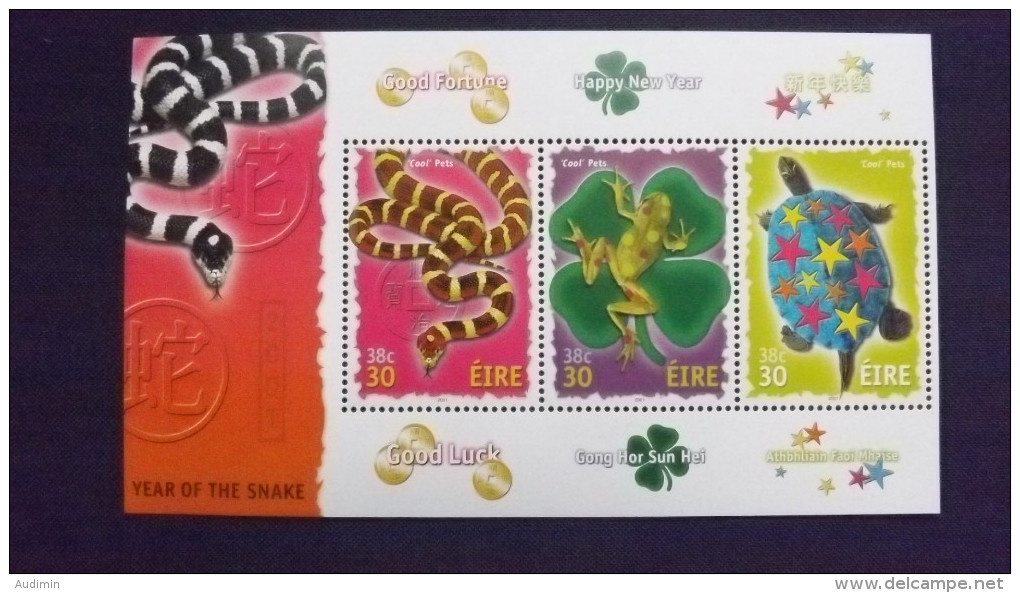 Irland 1305/7 Block 37 **/mnh, Schlange, Chinesisches Zeichen, Laubfrosch, Vierblättriger Klee, Schildkröte, Sterne - Hojas Y Bloques