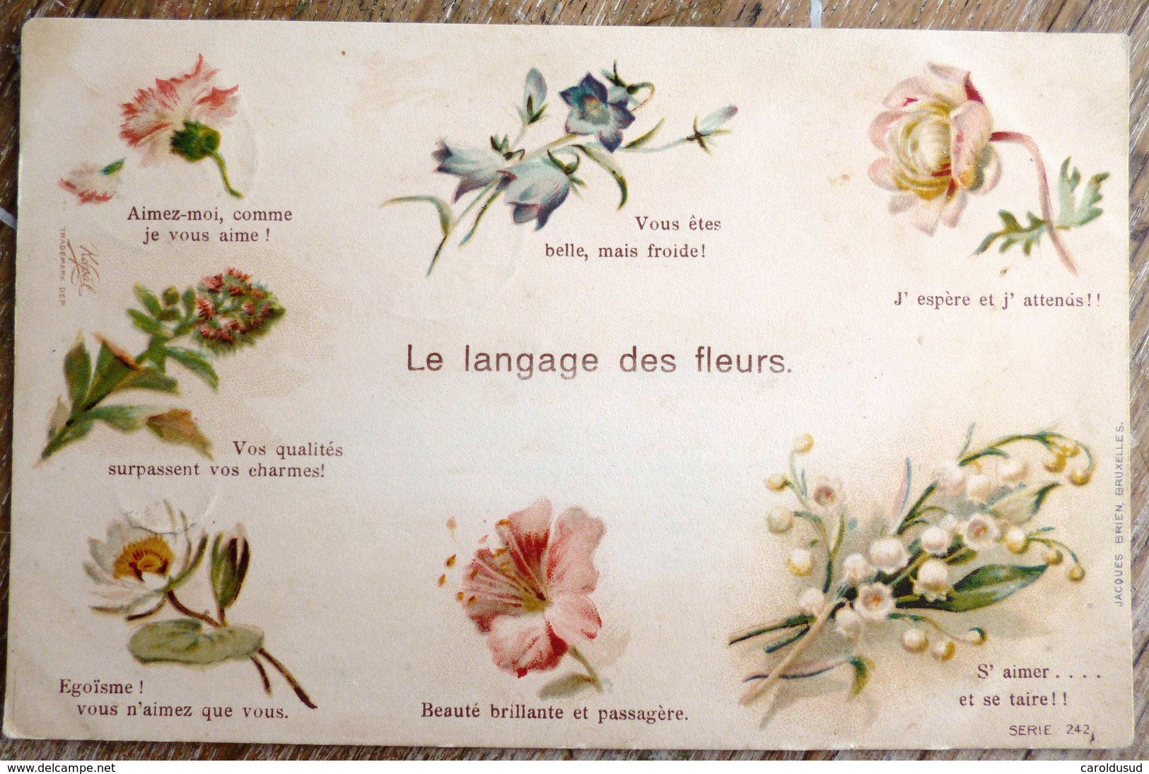 CPA lot 4x litho precurseur illustrateur kopal jacques brien langage des fleurs voyagé 1902 cachet warcoing et quaregnon